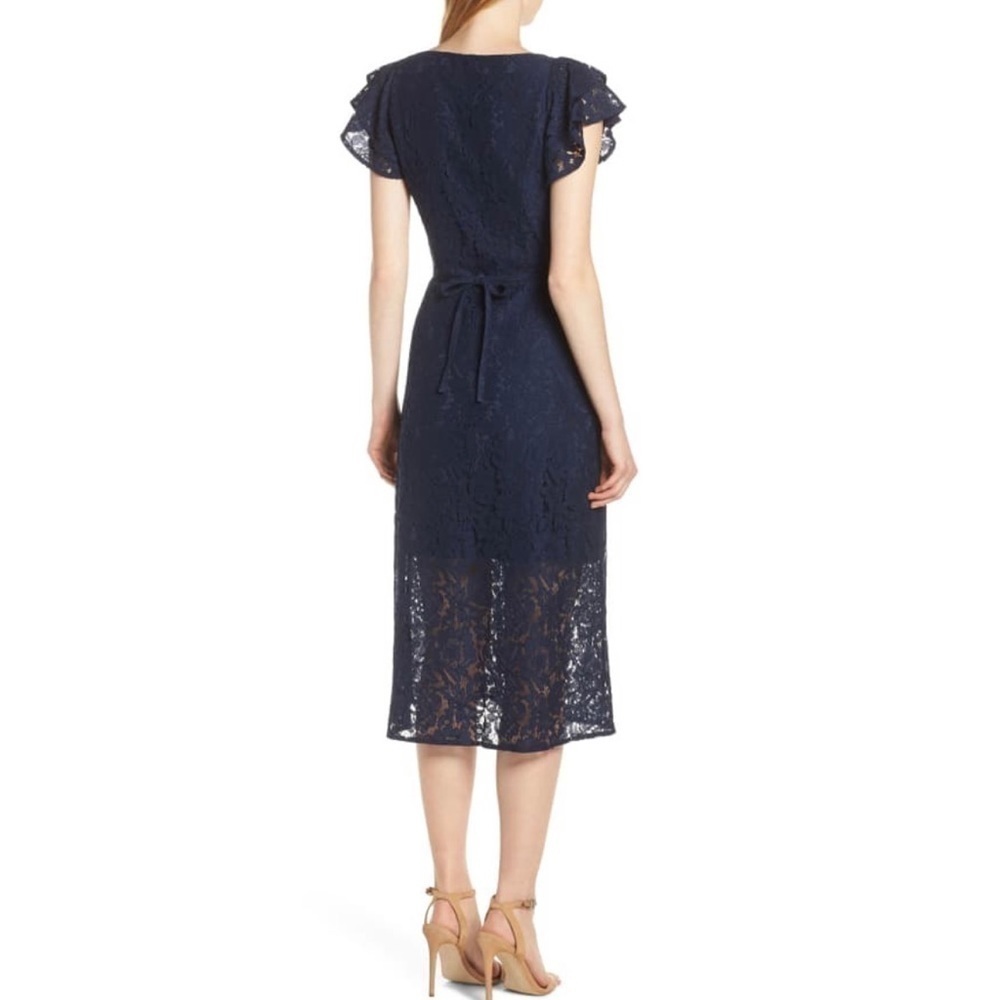 ALI & JAY Dress XS Lace and Paper Flowers Wrap Midi Ruffle Sleeve Navy Blue - Picture 9 of 12
